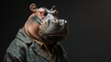 A large, fat hippo wearing a suit and tie is staring at the camera