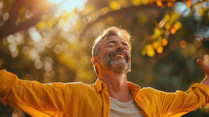 Photo of a relaxed man in his thirties with his eyes closed stretching his arms enjoying the fresh air in a natural garden