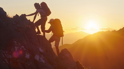 Silhouette of Asian Male and female hikers climbing up mountain cliff and one of them giving helping hand with friend at sunset People helping Asia couple hiking help each other concep : Generative AI