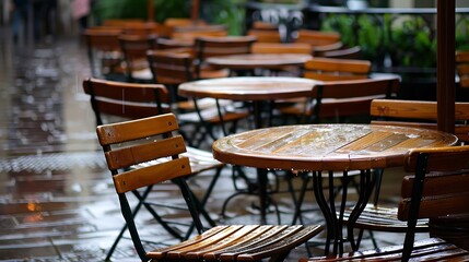 Tables with chairs of a cafe after the rain