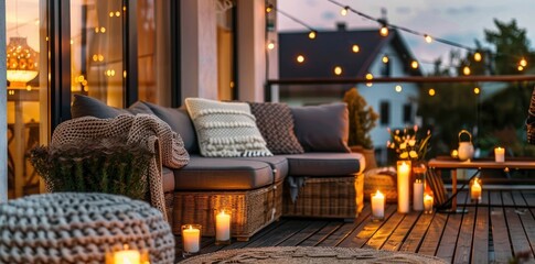 Scandinavian terrace with wicker furniture, candles and string lights at night, panoramic view of the house in the background. Scandinavian style home decor concept.