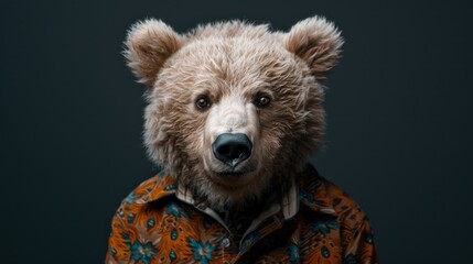Fototapeta premium A bear is wearing a shirt and standing in front of a wall