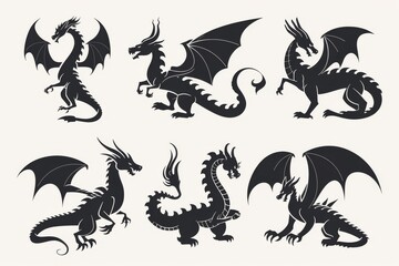 Silhouettes of dragons, depicted in various shapes and sizes, appear as black vector icons against a white backdrop. These designs embrace a straightforward style, characterized by flat colors