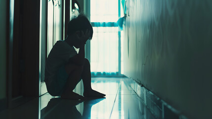 Sad child suffering from depression sitting alone in corridor feeling loneliness Scared fearful small boy covering face in silhouette at home : Generative AI