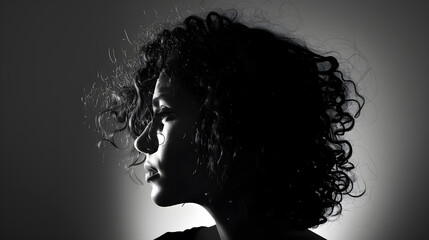 Beautiful Woman with curly Hair Hairy Girls black and white portrait Female silhouette : Generative AI