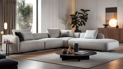 The modern office boasts a stylish interior design complete with a plush and inviting sofa accompanied by a sleek coffee table creating an atmosphere of comfort and relaxation