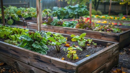 Raised wooden beds in a home vegetable garden full of autumn crops after a rainfall