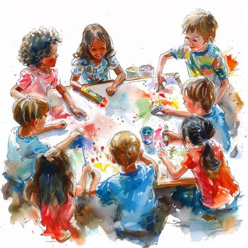 Dynamic watercolor of children in Sunday school colorful art supplies and laughter