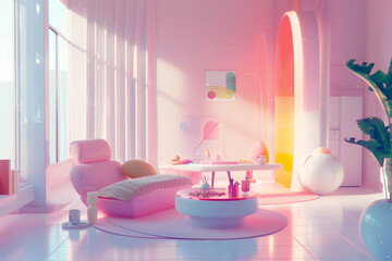 Pink modern living room interior design with comfortable sofa and sunlight from window. Minimalistic. 