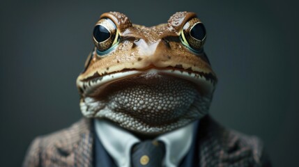 A frog wearing a suit and tie is staring at the camera