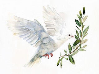 Fototapeta premium Watercolor depiction of a dove descending with an olive branch a symbol of peace in Christian iconography