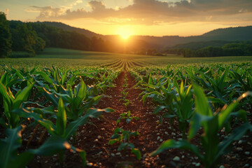 Corn field at sunrise, Beautiful view. Created with Ai