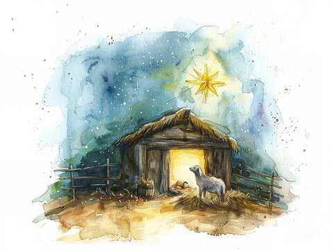 Watercolor nativity scene humble stable and shining star