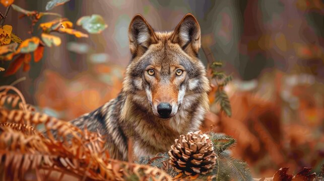 A brown wolf in the woodland with a pine cone