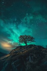 Tree on the Hill with Aurora Borealis