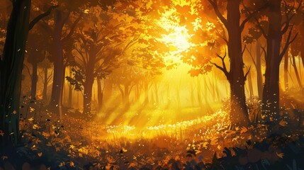 Fototapeta premium Forest background with golden foliage and trees illuminated by the setting sun