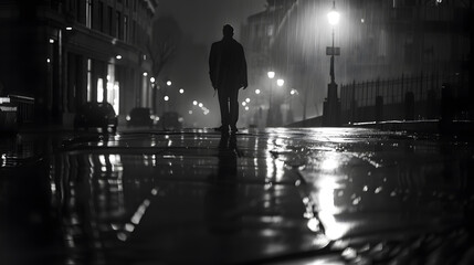 Blurry shadow and silhouette of a man standing in the night on wet city street sidewalk with water reflection in black and white : Generative AI