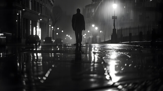 Blurry shadow and silhouette of a man standing in the night on wet city street sidewalk with water reflection in black and white : Generative AI