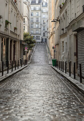 Perspective view of one of the old montmartre streets in Paris. A narrow cobblestone street with typical French architecture descends and rises, The historic district of Montmartre in the city of Pari