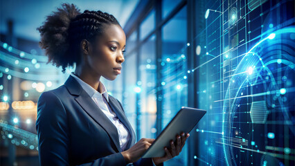 AI cyber security threat illustration, black african american female IT specialist analysing data information technology, augmented reality artificial intelligence collage, side profile, copy space