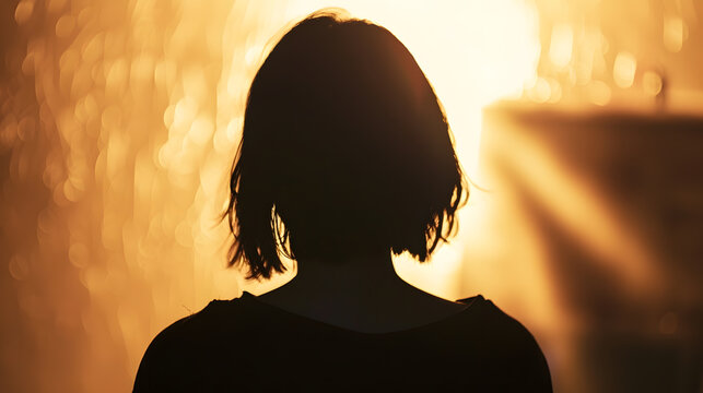 Female person silhouette from behind in the shadow back lit light : Generative AI