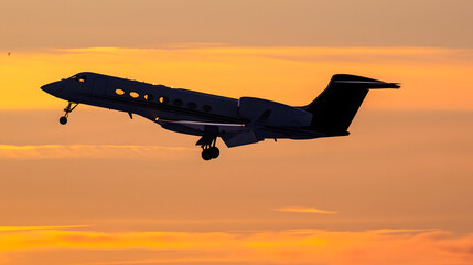 Silhouette of a private executive jet taking off against a winter sky at sunset No people Copy...
