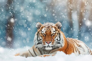 Siberian tiger in the snow, winter forest background with falling snowflakes