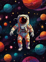 A lone female astronaut adrift in the darkness of space, her spacesuit the only light against the inky void