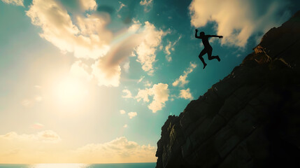 Welcome merry Christmas and happy new year in 2024Silhouette Man jumping from 2023cliff to 2024 cliff with cloud sky and sunlight : Generative AI