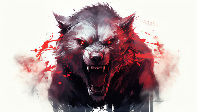 A fierce and battle-scarred wolf snarls, its fur bristling and its eyes glowing red