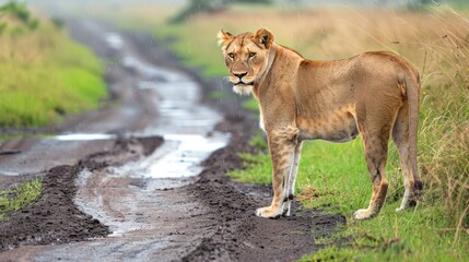 A lioness standing beside a muddy road in Masai Mara