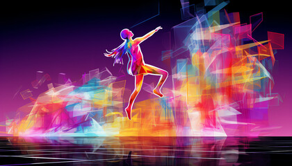 Fototapeta premium A woman leaps over a chasm. She is surrounded by colorful abstract shapes. She is wearing a colorful bodysuit. Her hair is flowing behind her. The background is a dark blue.