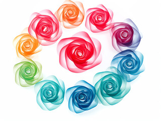 A circle of rainbow roses on a white background