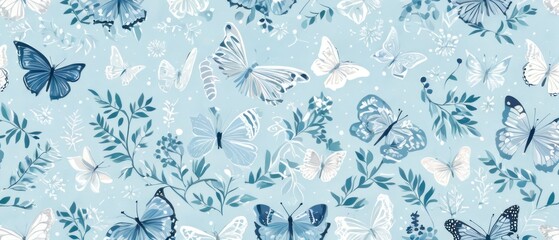 Butterflies flutter among morning blooms, creating a dreamy atmosphere. Depict frosty patterns on flowers and leaves with a cool palette. Background: soft, frosty blue with subtle snowflakes.