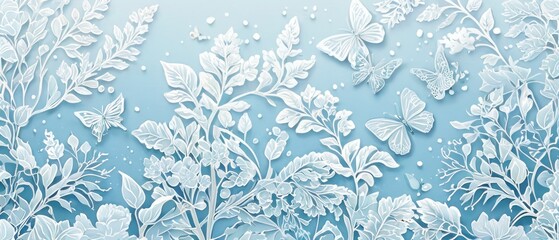 Butterflies flutter among morning blooms, creating a dreamy atmosphere. Depict frosty patterns on flowers and leaves with a cool palette. Background: soft, frosty blue with subtle snowflakes.