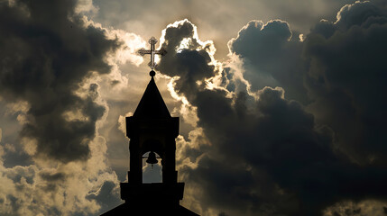 Cross and belfry silhouette in front of cloudy sky in Catholic church in Shrine of our Lady Trsat :...