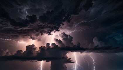 Strong thunderstorms light up the night sky like volt lightning. Generative Ai	