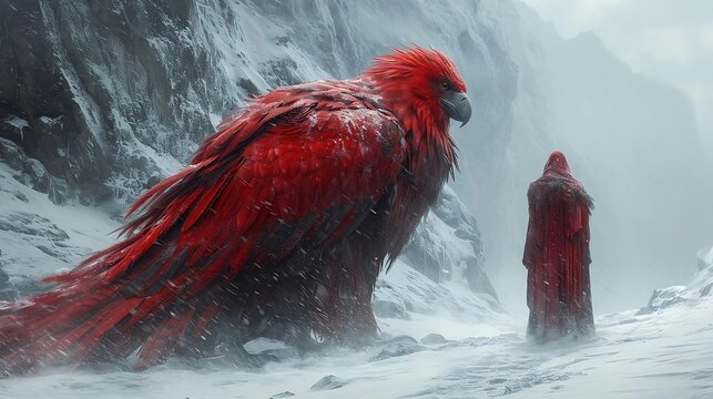 red firebird in the winter mountains