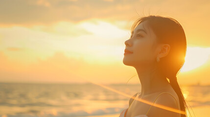Side view of young asian woman with freedom on the sea beach at golden sunset Female tourist on seaside summer vacation Go Everywhere : Generative AI