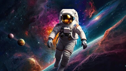 Obraz premium A lone female astronaut adrift in the darkness of space, her spacesuit the only light against the inky void