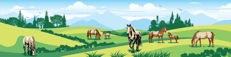 View of spring landscape, countryside, horses grazing in a green meadow, vector illustration  © Valerii
