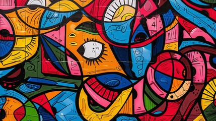 Naklejka premium Colorful pop art graffiti painted brick wall. Shapes and geometric urban street texture background. City tag drawing.