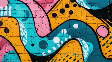Colorful pop art graffiti painted brick wall. Shapes and geometric urban street texture background....