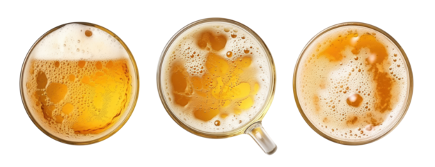 Three mugs with beer isolated on transparent background, top view