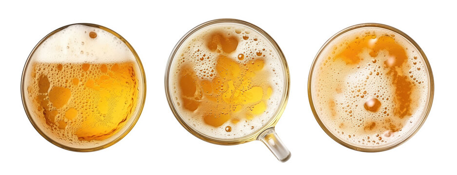 Three mugs with beer isolated on transparent background, top view