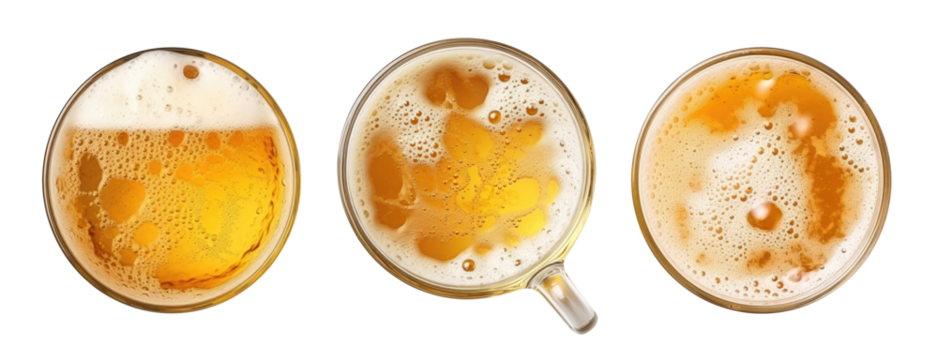 Three mugs with beer isolated on transparent background, top view
