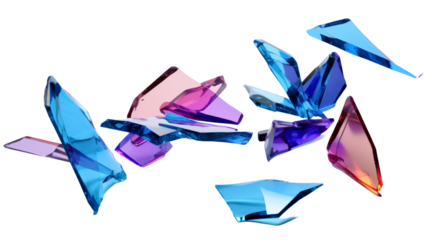 Set flying colourful pieces broken glass isolated on transparent background.
