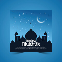 Eid al Adha Mubarak Islamic festival social media banner design , Islamic background with beautiful mosque, stars, moon Creative ads for social media , banner, poster, greeting card, generative ai