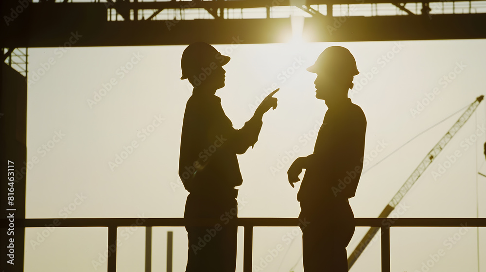 Poster silhouette engineer and architect are planning or consulting the construction of new projects bluepr