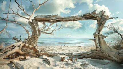 Naklejka premium Serene beach with weathered driftwood archway